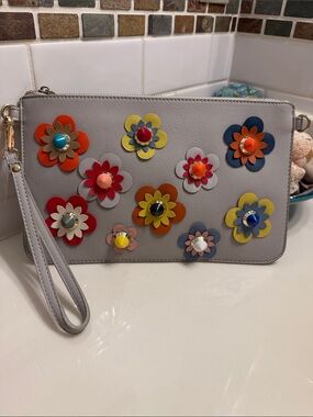 Gray Floral Appliqué Large Clutch - Multicolor Accents